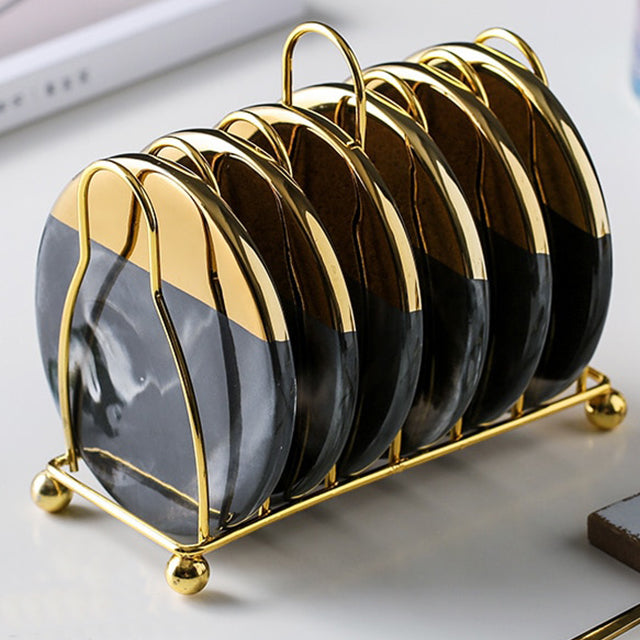 Aurina | Marmor Glasunderlag med Guldfarvet Holder