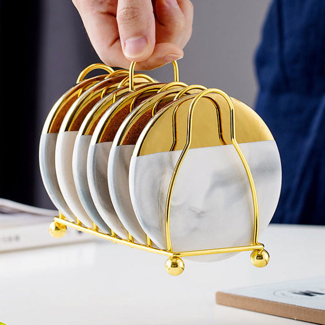 Aurina | Marmor Glasunderlag med Guldfarvet Holder