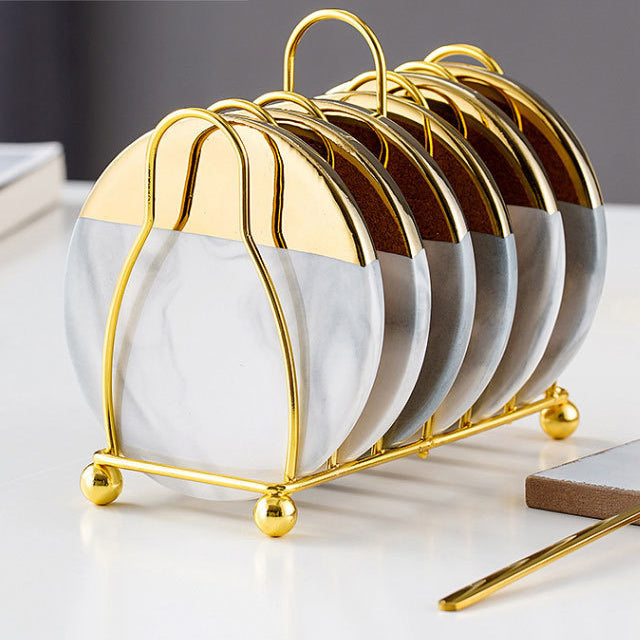 Aurina | Marmor Glasunderlag med Guldfarvet Holder