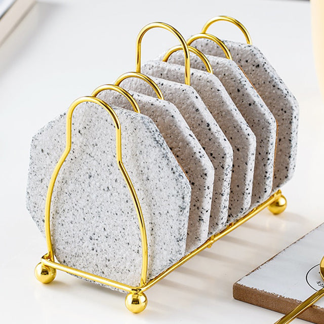 Aurina | Marmor Glasunderlag med Guldfarvet Holder