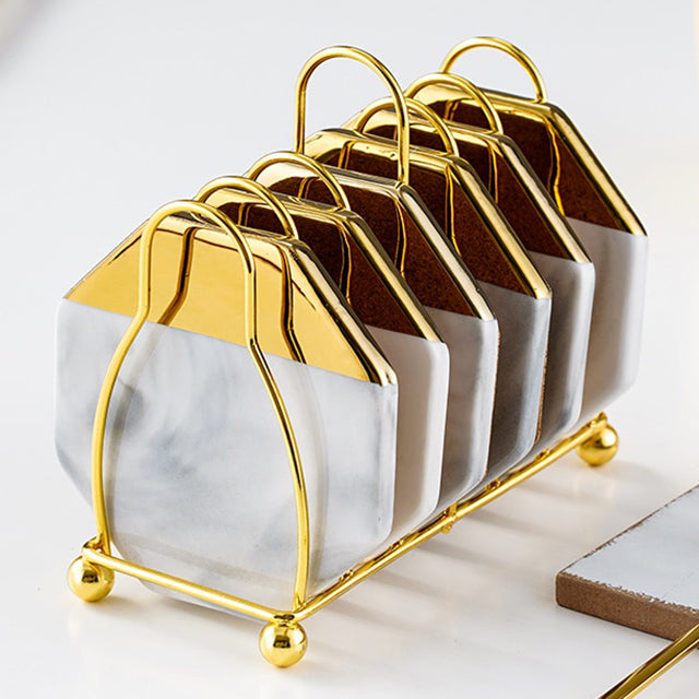 Aurina | Marmor Glasunderlag med Guldfarvet Holder