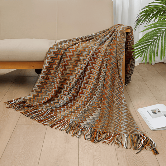 Luzia | Flerfarvet Boho Plaid med Zigzagmønster og Frynser