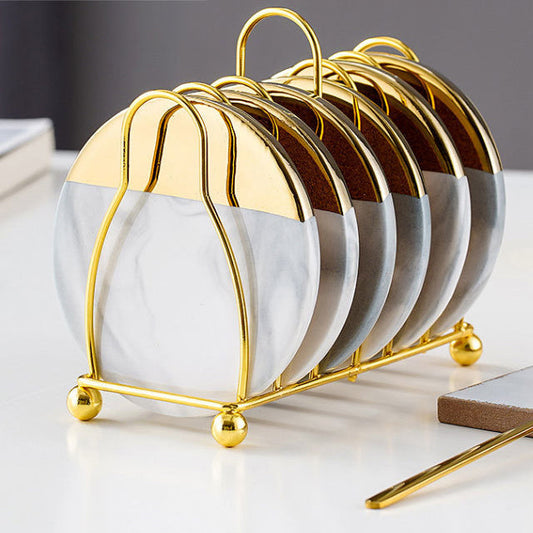 Aurina | Marmor Glasunderlag med Guldfarvet Holder