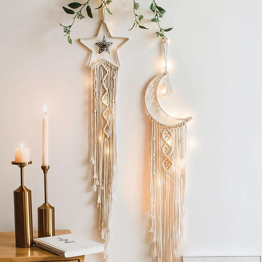 Selunea | Macramé Vægdekoration Måne & Stjerne med LED